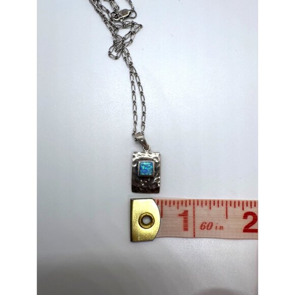 Sterling Silver 925 Necklace Artisan Hammered Pendant Blue Opal Style Inlay 16" - Picture 8 of 11